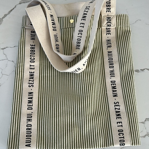 Sezane Cabas Libre Service Weekender Large Tote Green Stripe Cream 100% Cotton - Picture 7 of 14
